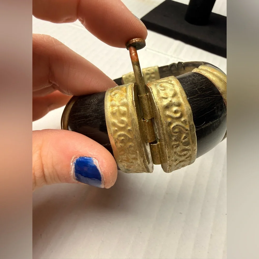 Vintage Bone Brass Wood Bangle‎ Hinged Bracelet Bohemian Chinky Wide Hippie 80s